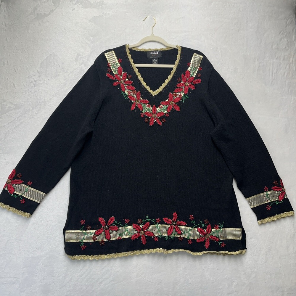 VTG Designers‎ Originals Studio Joy Christmas Knit Sweater Women's 2X Poinsettia